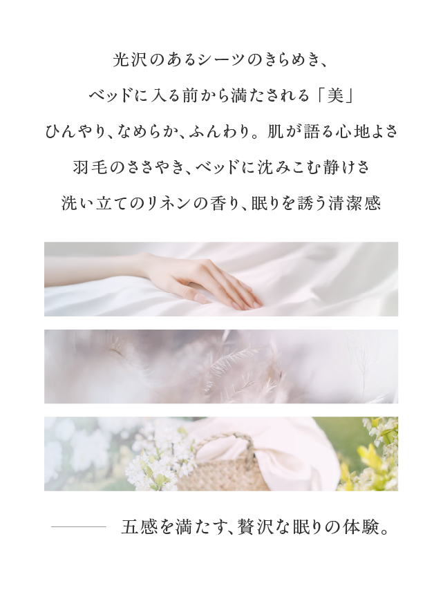 光沢のあるシーツのきらめき、ベッドに入る前から満たされる「美」