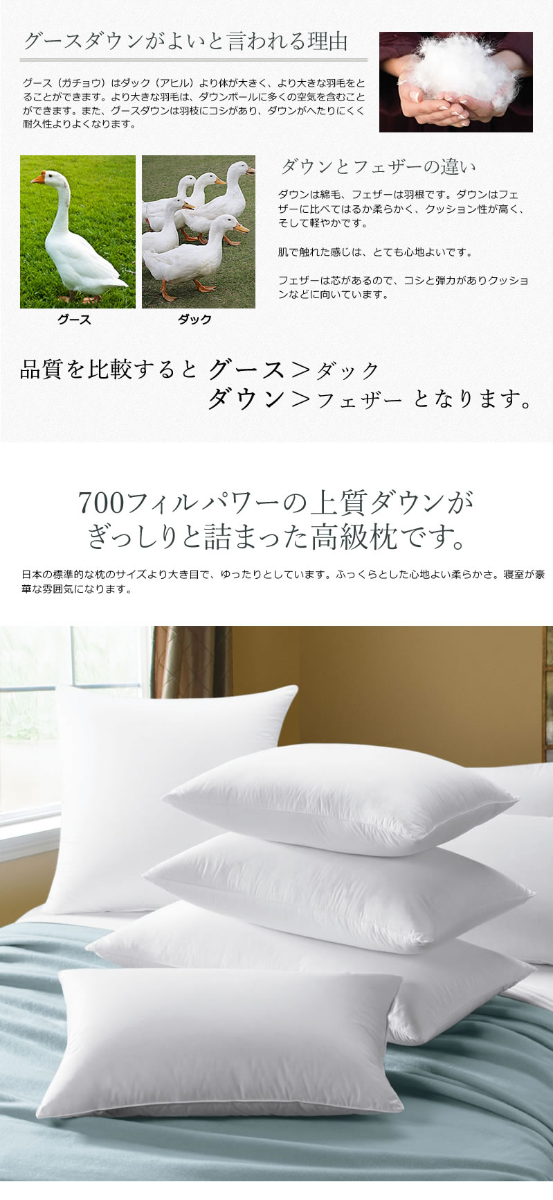 ホテルライクインテリア　700FP ハンガリー産ホワイトグースダウンピロー ホテルライクインテリア 700FP ハンガリー産ホワイトグースダウンピロー 枕